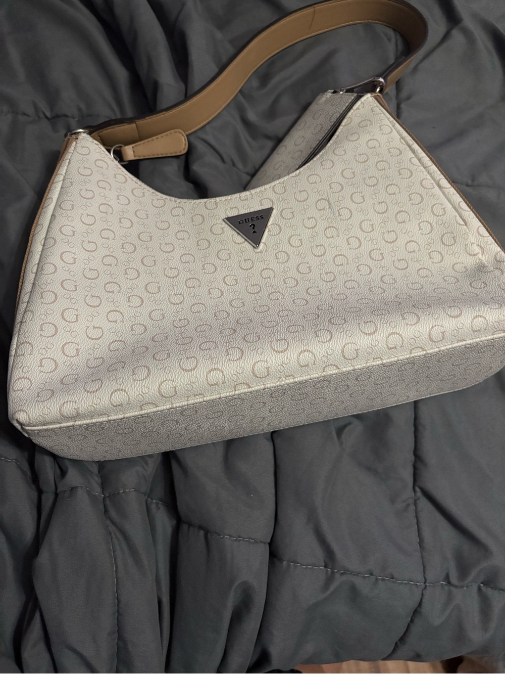 Guess Cream Logo-Pattern Shoulder Bag with Tan Strap